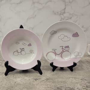Vintage Sambonet Kids Pink Bike Porcelain bowl & plate 2 piece set